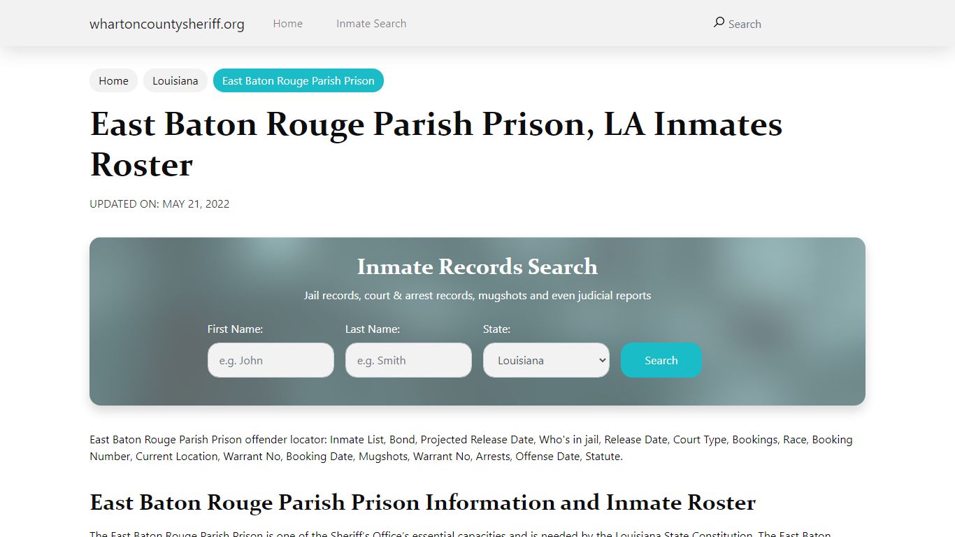 East Baton Rouge Parish Prison, LA Jail Roster, Name Search
