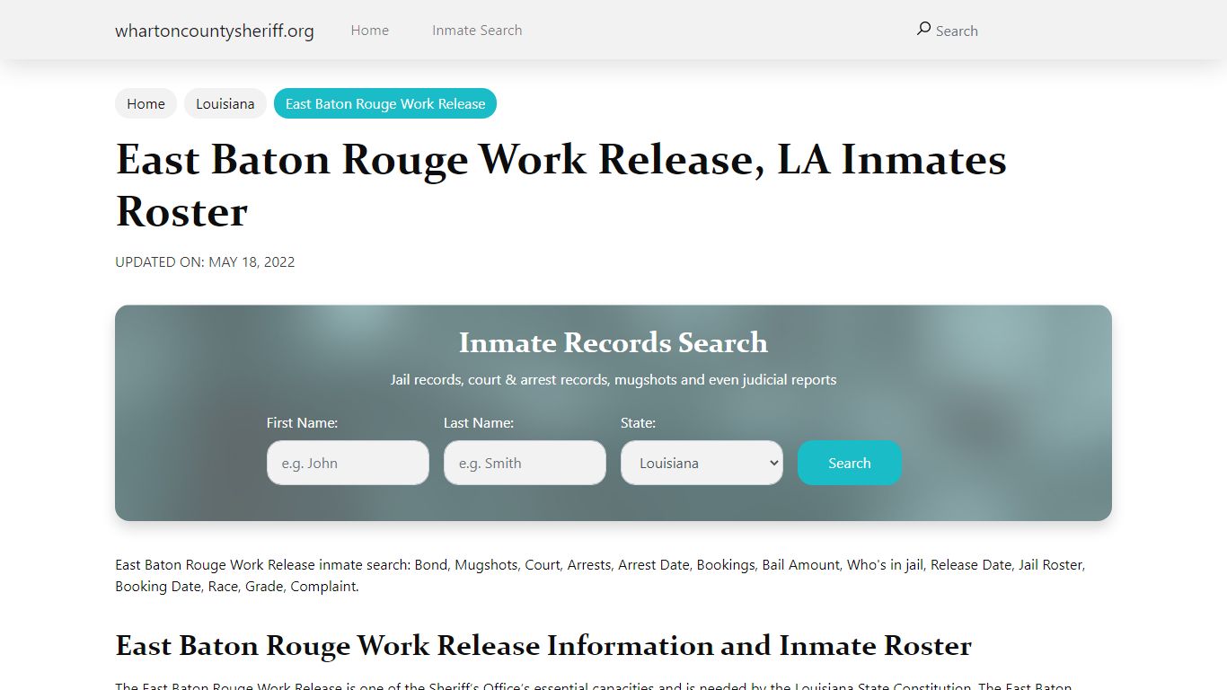 East Baton Rouge Work Release, LA Jail Roster, Name Search